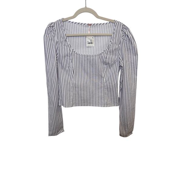 Free People Caroline Stripe Top Neutral Puff Sleeve Blouse Boat Neck Sz M NEW - Picture 2 of 9
